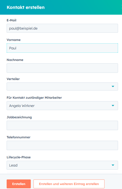 HubSpot Kontakt Eingabemaske