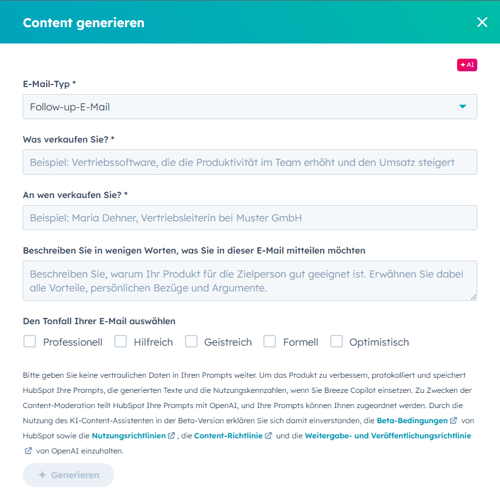 Screenshot HubSpot Breeze Mail generieren
