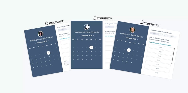 Screenshot von drei Buchungskalendern von Strauss Media in HubSpot